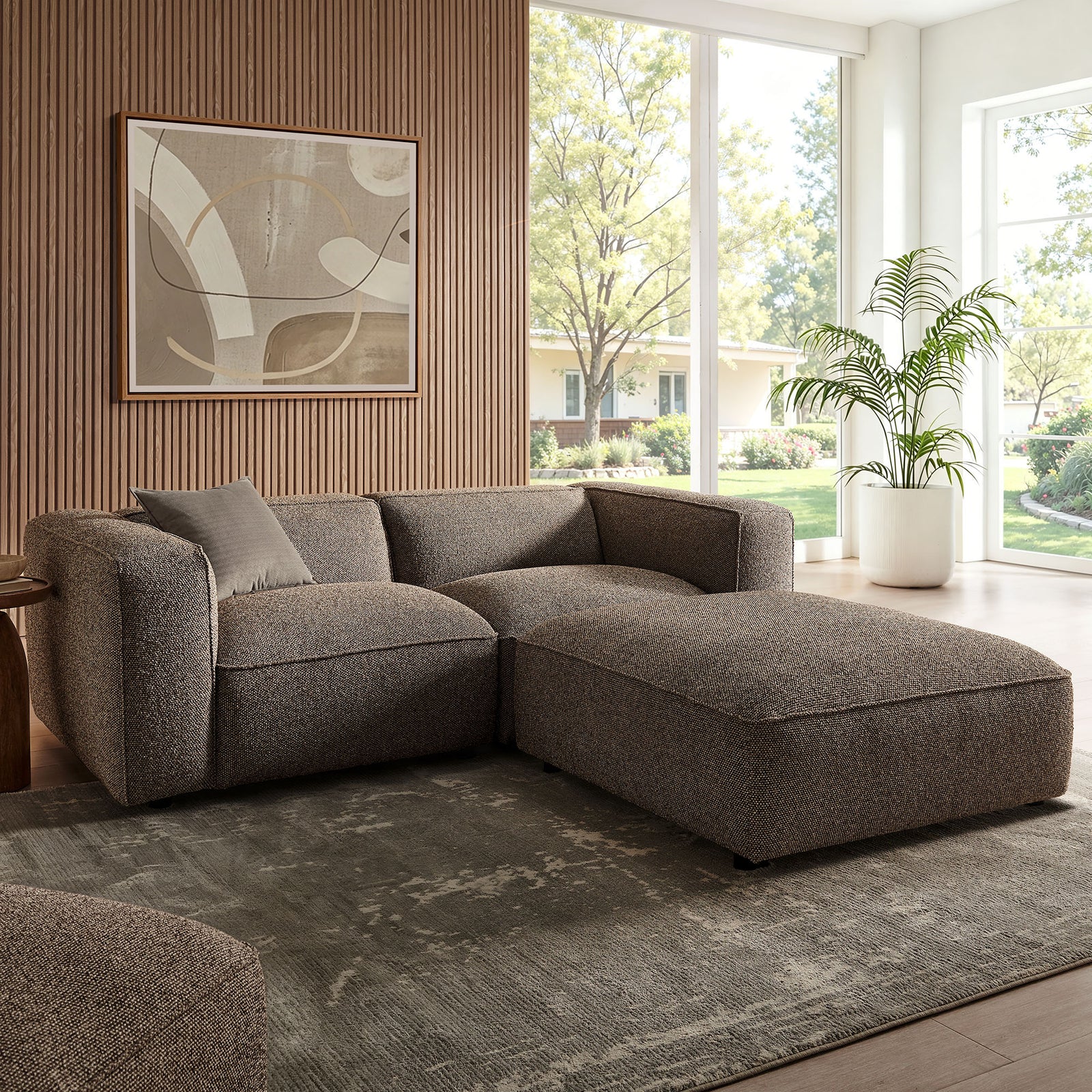 Auren 3 Piece Lattice Bouclé Upholstered Modular Loveseat with Ottoman in Earth