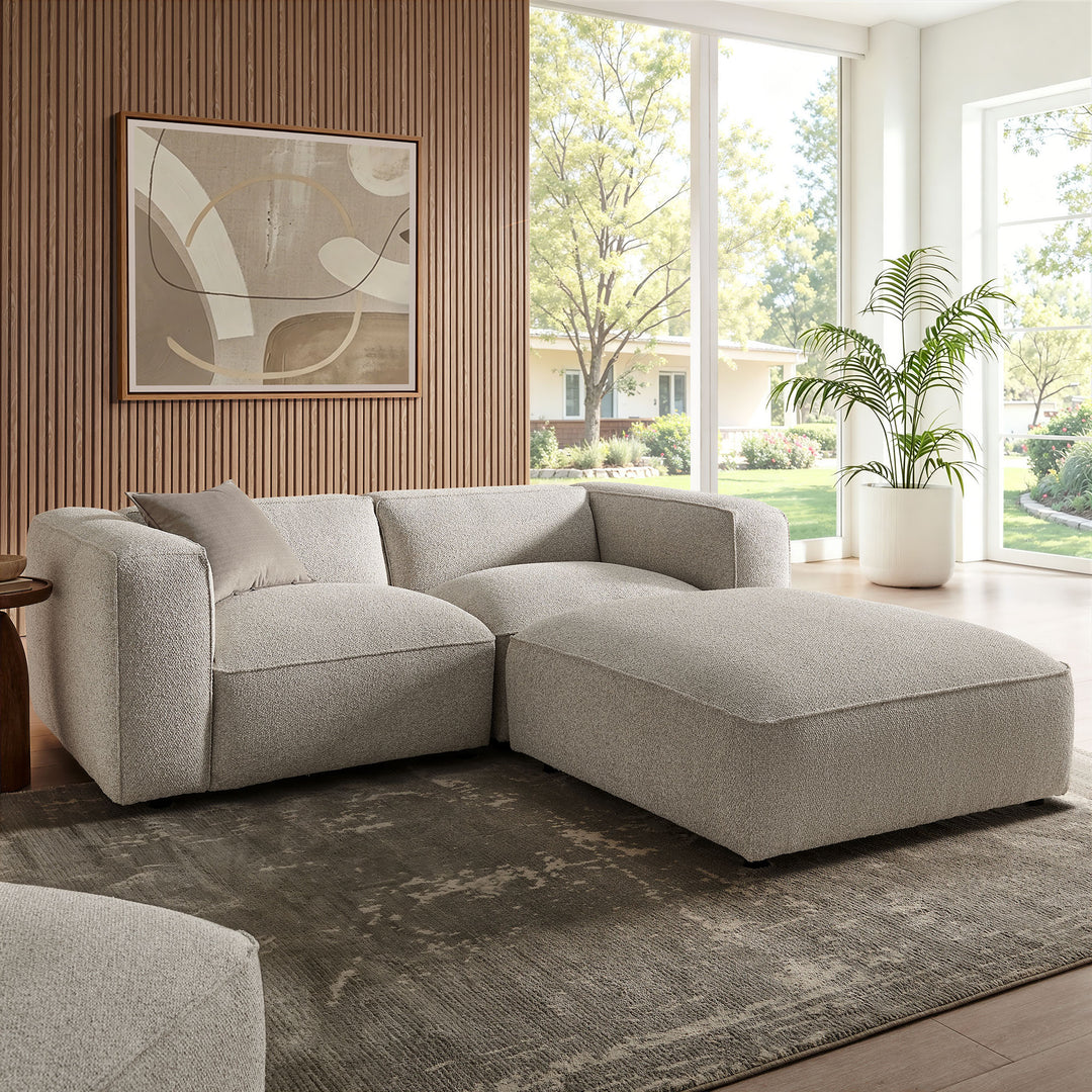 Auren 3 Piece Lattice Bouclé Upholstered Modular Loveseat with Ottoman in Fog
