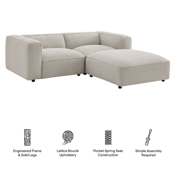 Auren 3 Piece Lattice Bouclé Upholstered Modular Loveseat with Ottoman in Fog