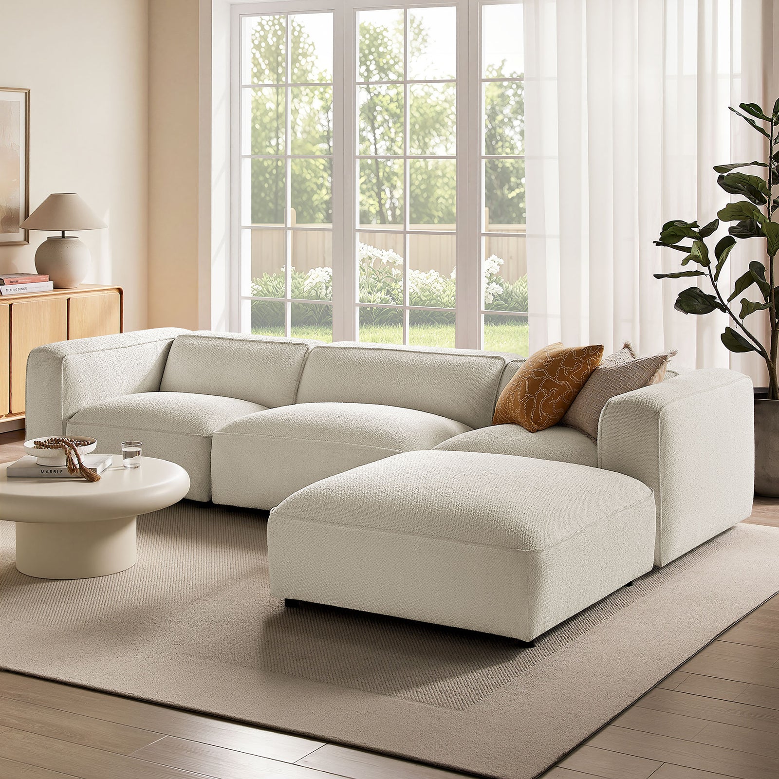 Auren 4 Piece Lattice Bouclé Upholstered Modular Sofa with Ottoman in Cream