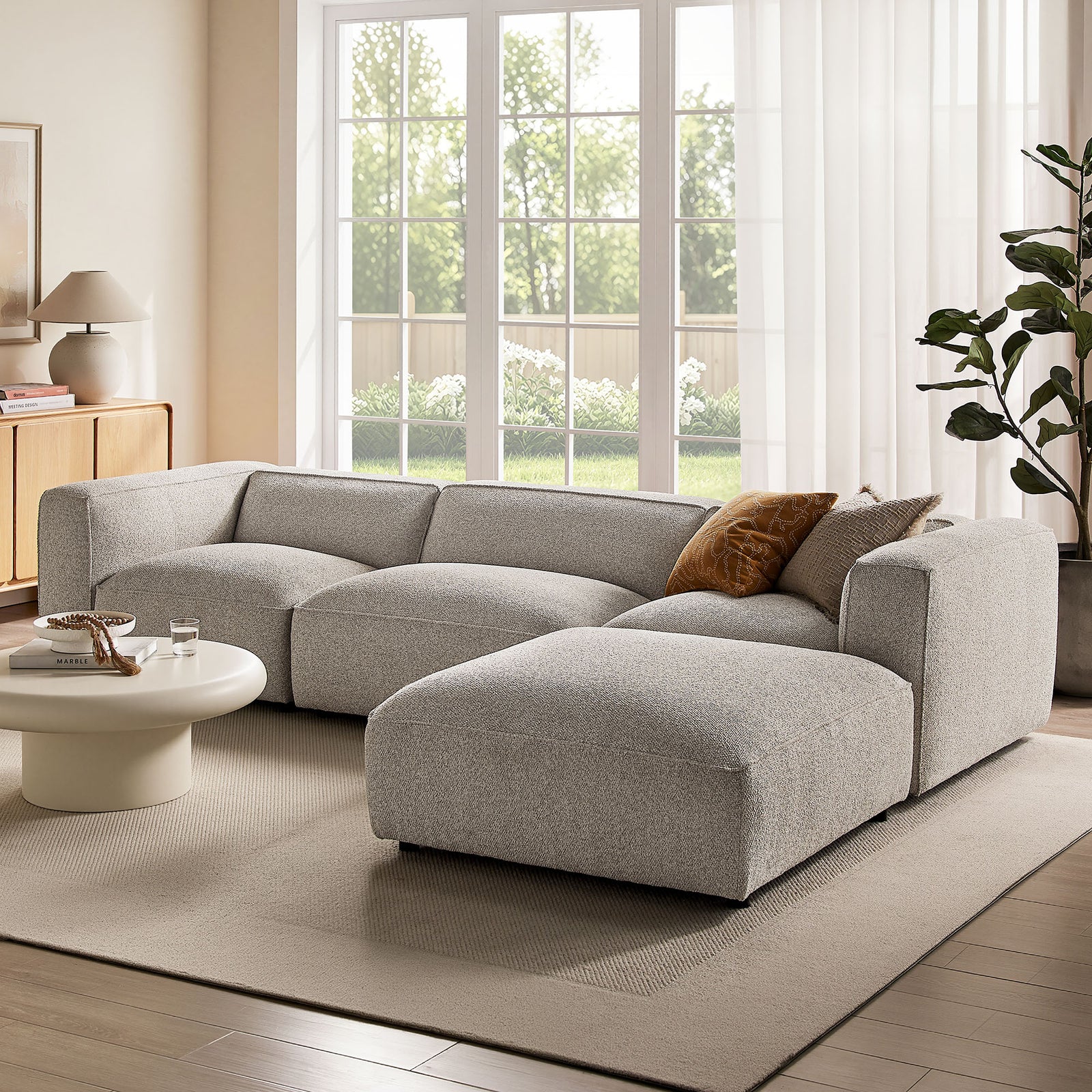 Auren 4 Piece Lattice Bouclé Upholstered Modular Sofa with Ottoman in Fog