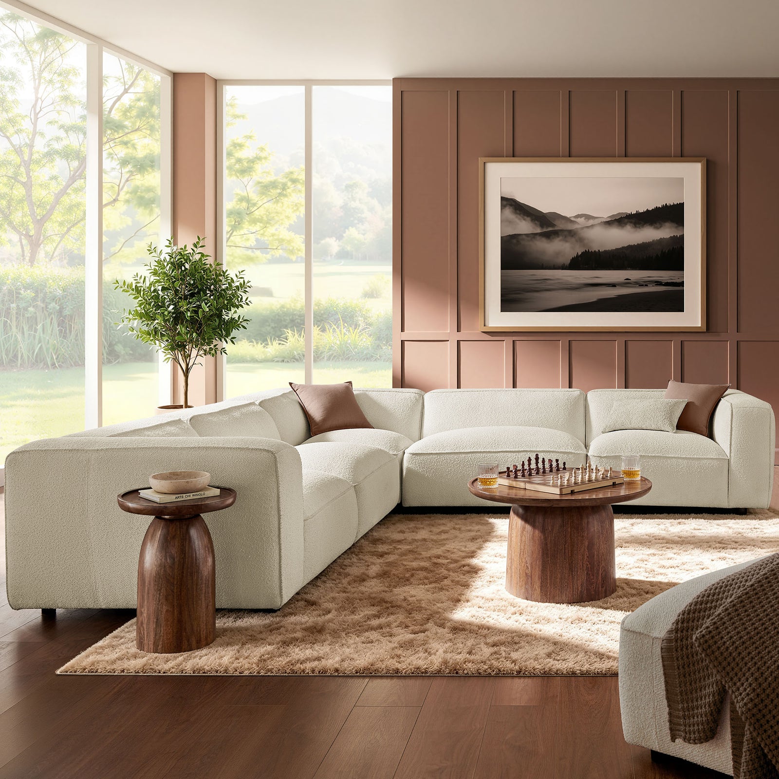 Auren 5 Piece Lattice Bouclé Upholstered Modular Corner Sectional in Cream