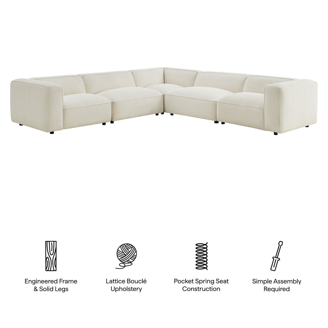 Auren 5 Piece Lattice Bouclé Upholstered Modular Corner Sectional in Cream