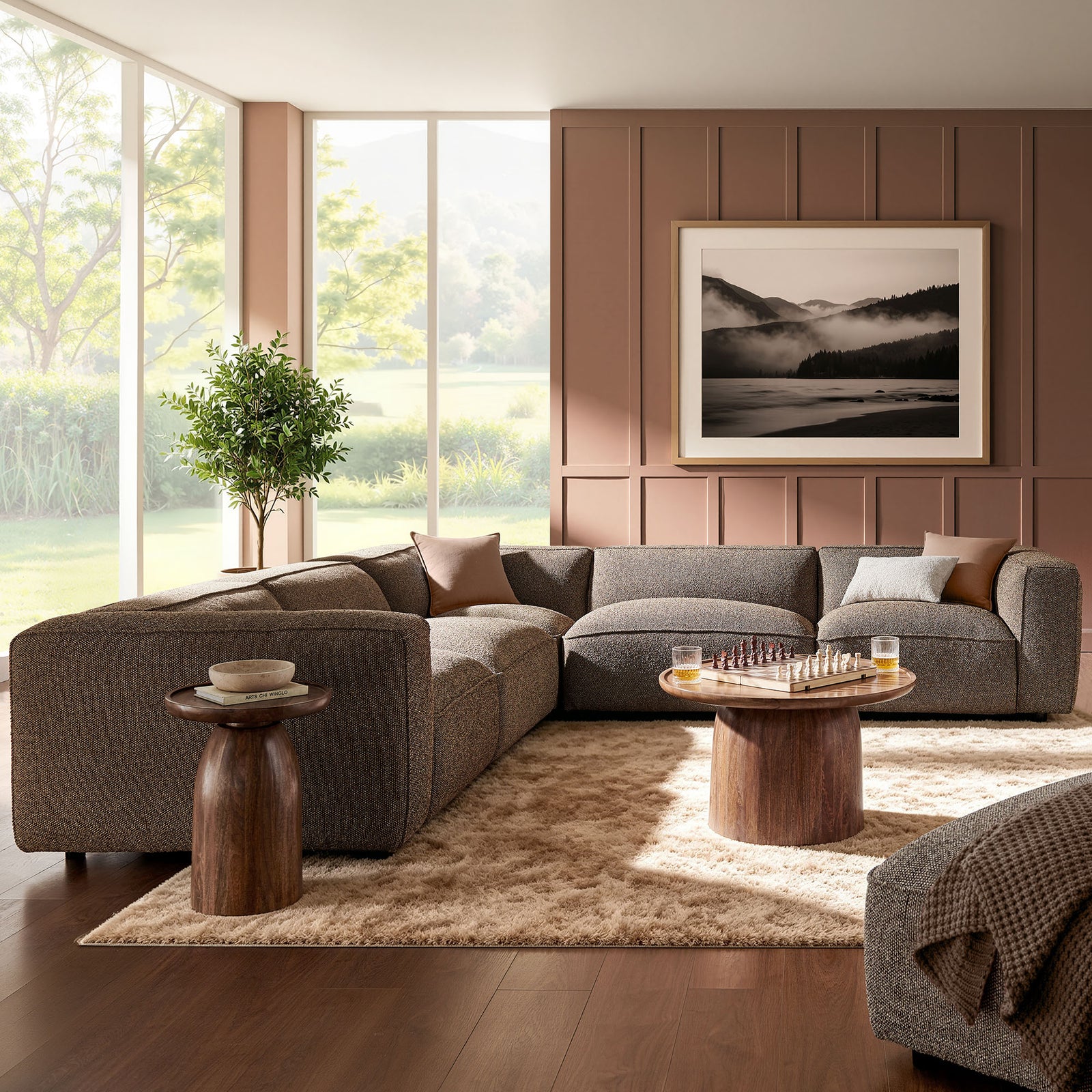 Auren 5 Piece Lattice Bouclé Upholstered Modular Corner Sectional in Earth