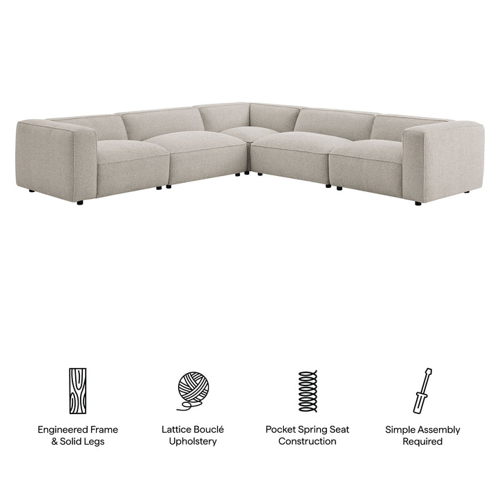 Auren 5 Piece Lattice Bouclé Upholstered Modular Corner Sectional in Fog