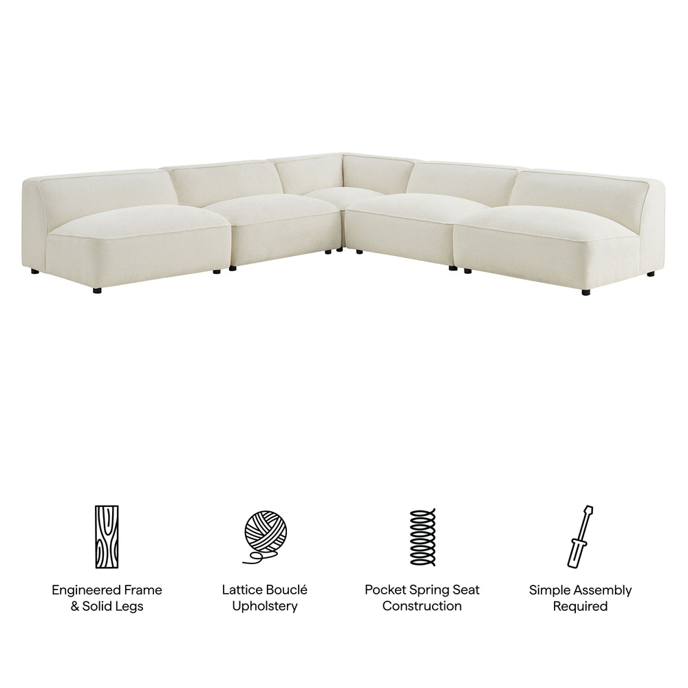 Auren 5 Piece Lattice Bouclé Upholstered Modular Corner Sectional in Cream