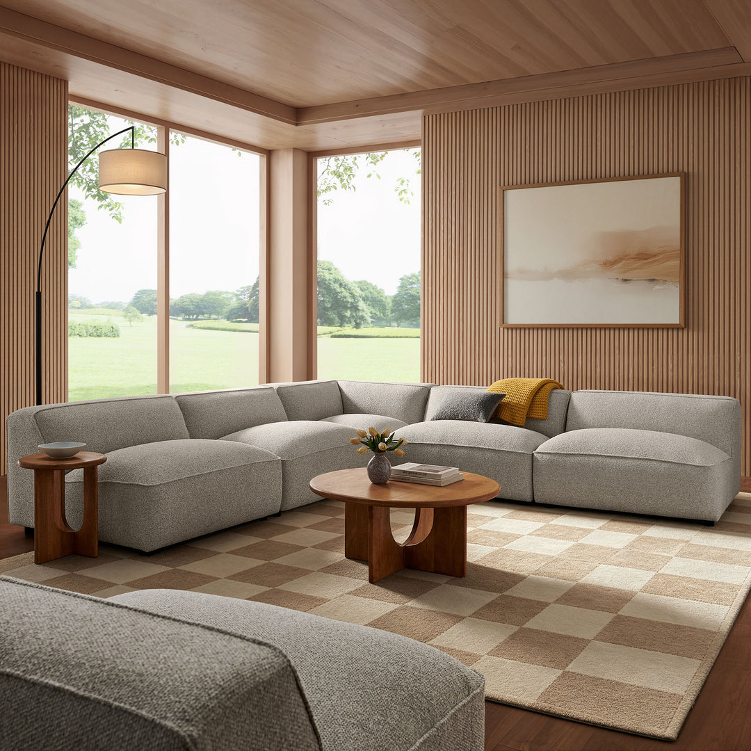 Auren 5 Piece Lattice Bouclé Upholstered Modular Corner Sectional in Fog