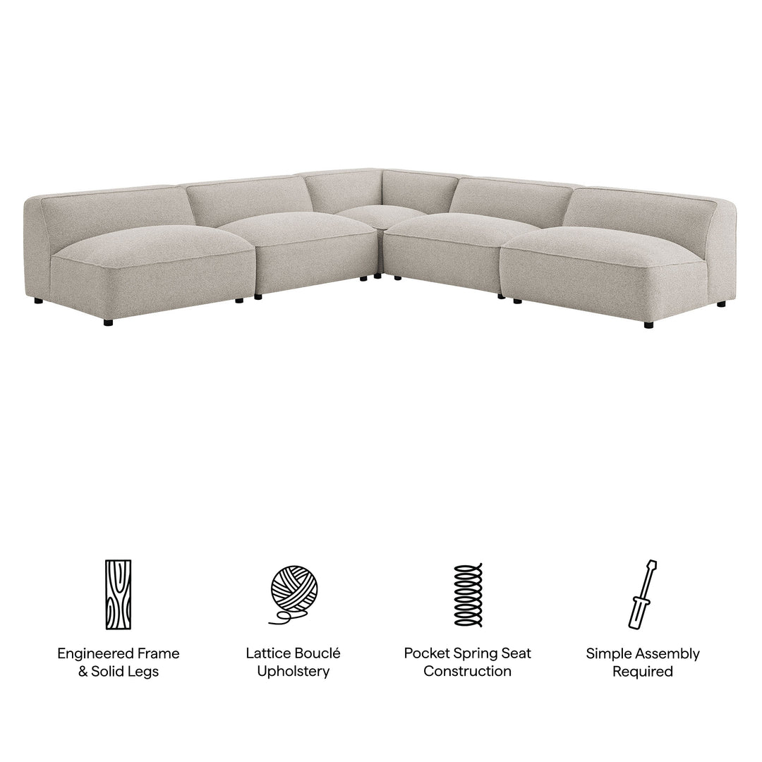Auren 5 Piece Lattice Bouclé Upholstered Modular Corner Sectional in Fog