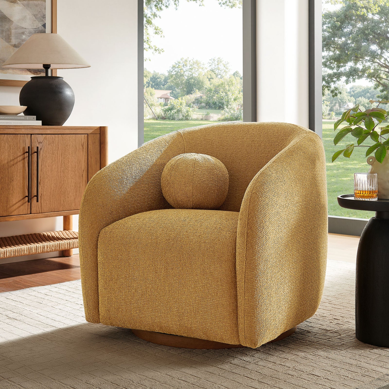 Holland Swivel Chenille Fabric Armchair in Mustard