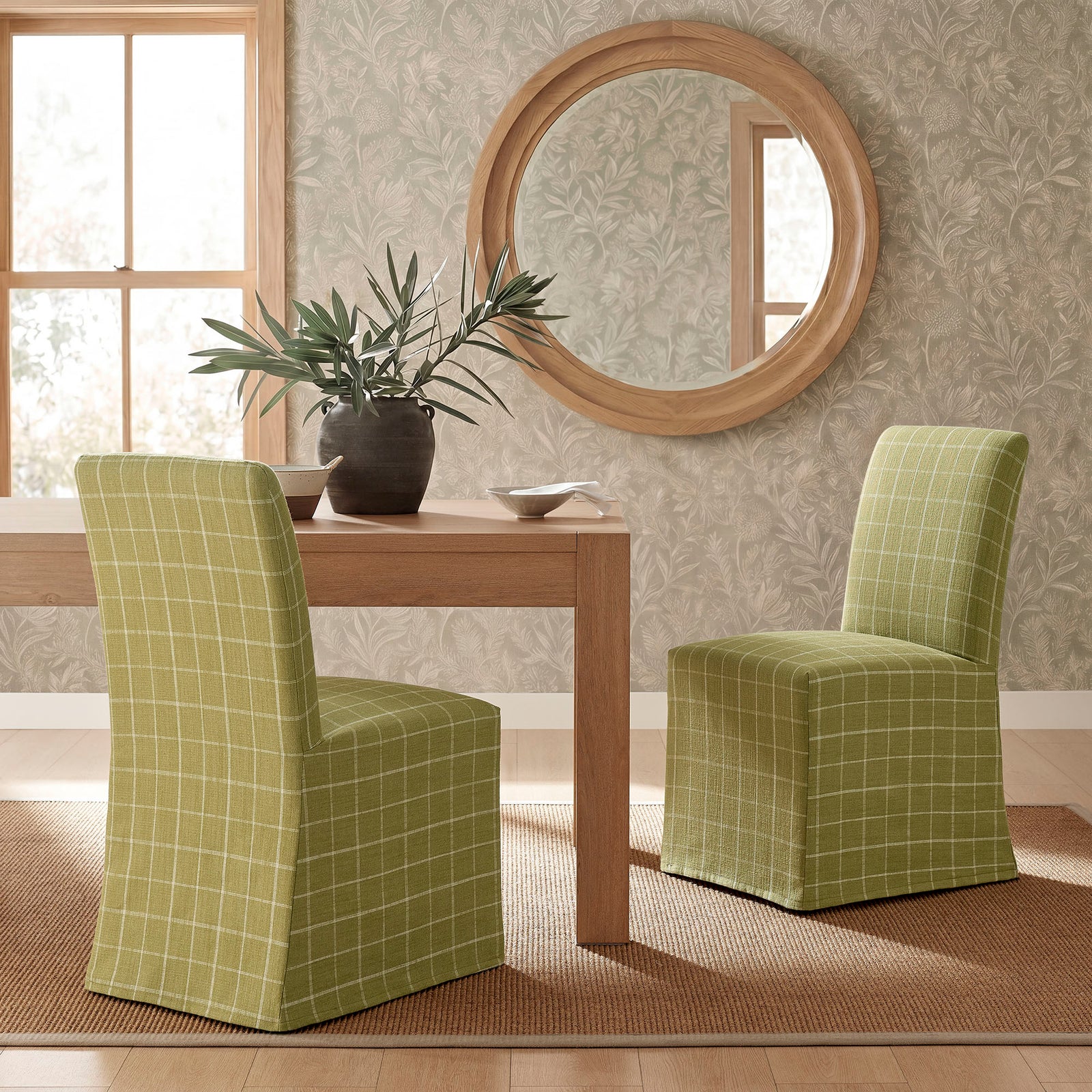 Aster Linen Cotton Blend Slipcovered Dining Chairs Set of 2 in Artichoke Windowpane Check