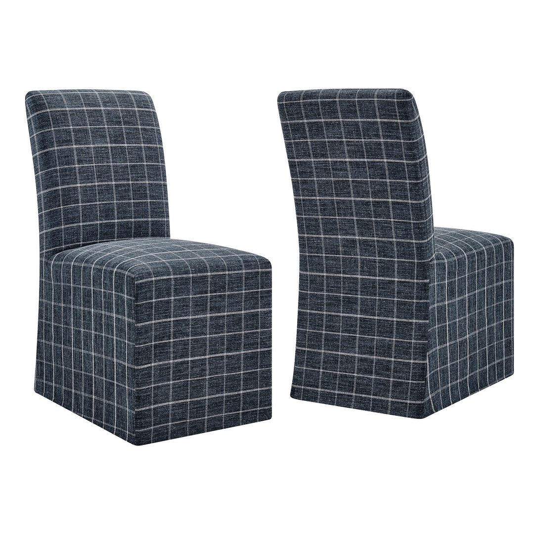 Aster Linen Cotton Blend Slipcovered Dining Chairs Set of 2 in Denim Windowpane Check