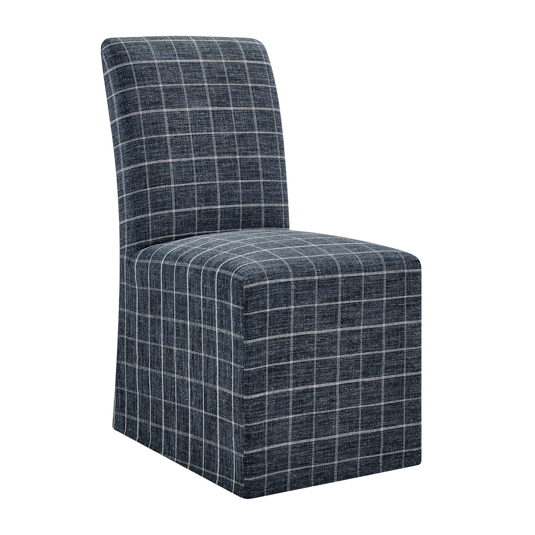 Aster Linen Cotton Blend Slipcovered Dining Chairs Set of 2 in Denim Windowpane Check