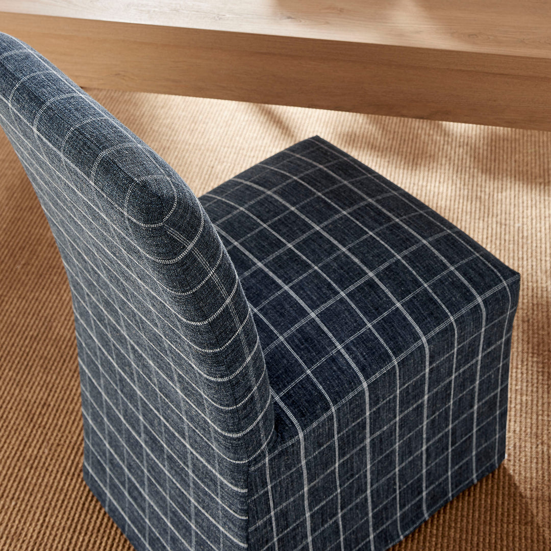 Aster Linen Cotton Blend Slipcovered Dining Chairs Set of 2 in Denim Windowpane Check