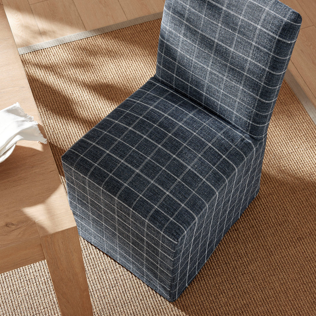 Aster Linen Cotton Blend Slipcovered Dining Chairs Set of 2 in Denim Windowpane Check