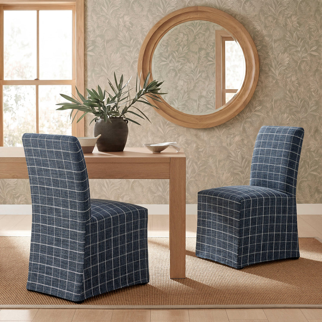 Aster Linen Cotton Blend Slipcovered Dining Chairs Set of 2 in Denim Windowpane Check