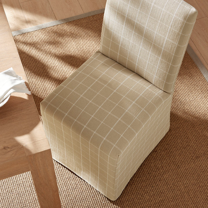 Aster Linen Cotton Blend Slipcovered Dining Chairs Set of 2 in Hemp Windowpane Check