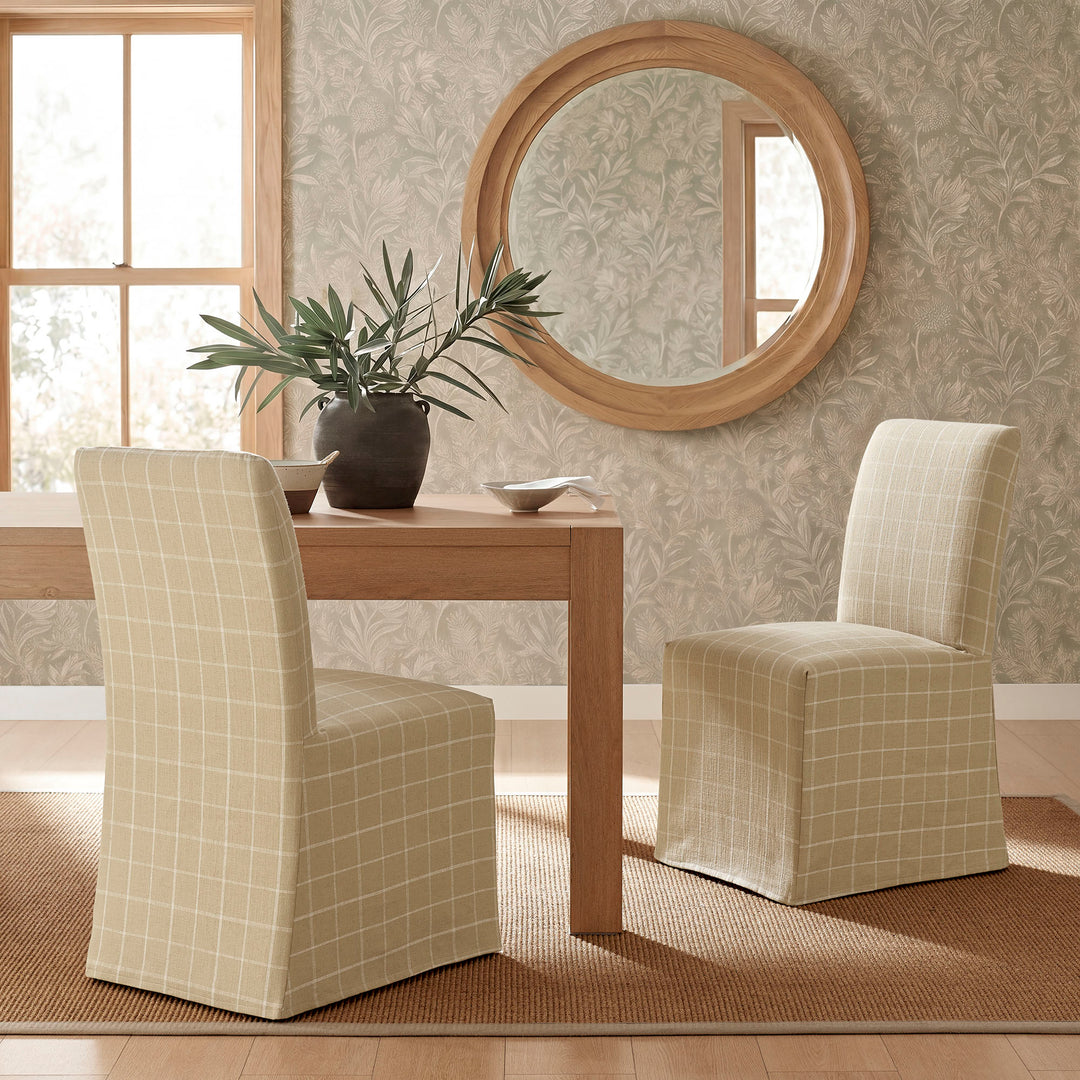 Aster Linen Cotton Blend Slipcovered Dining Chairs Set of 2 in Hemp Windowpane Check