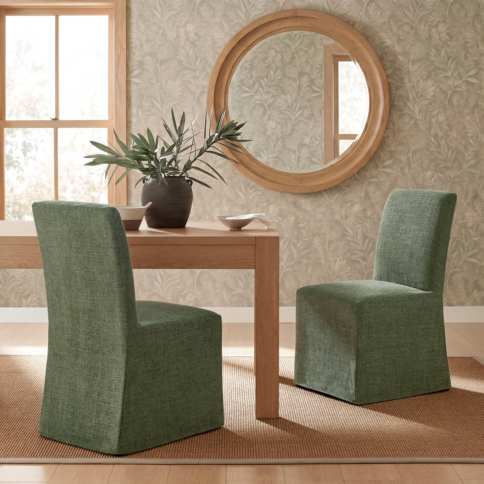 Aster Slub Weave Fabric Slipcovered Dining Chairs Set of 2 in Foliage