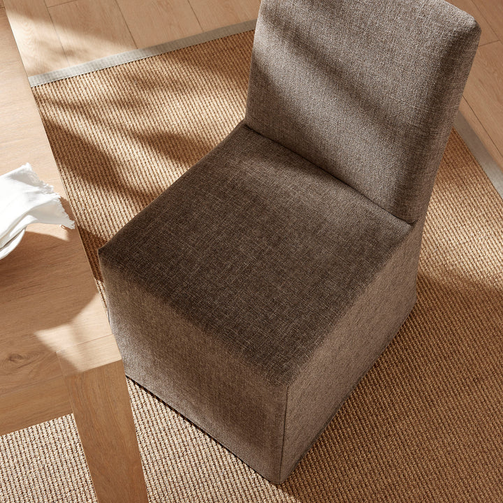 Aster Slub Weave Fabric Slipcovered Dining Chairs Set of 2 in Mocha