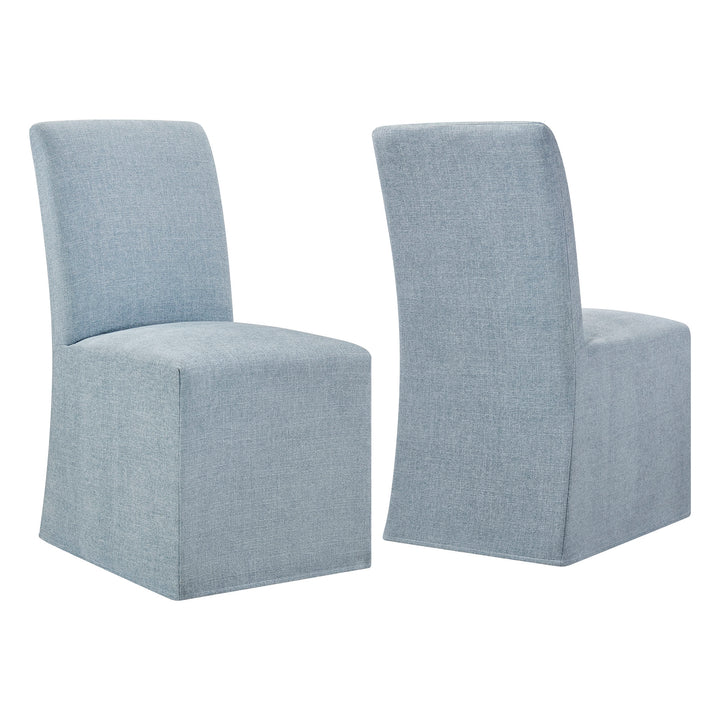 Aster Slub Weave Fabric Slipcovered Dining Chairs Set of 2 in Sky