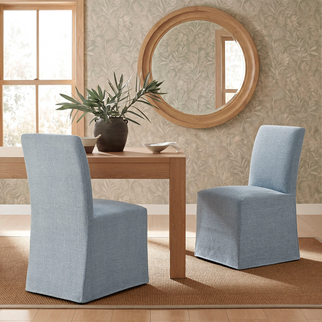 Aster Slub Weave Fabric Slipcovered Dining Chairs Set of 2 in Sky