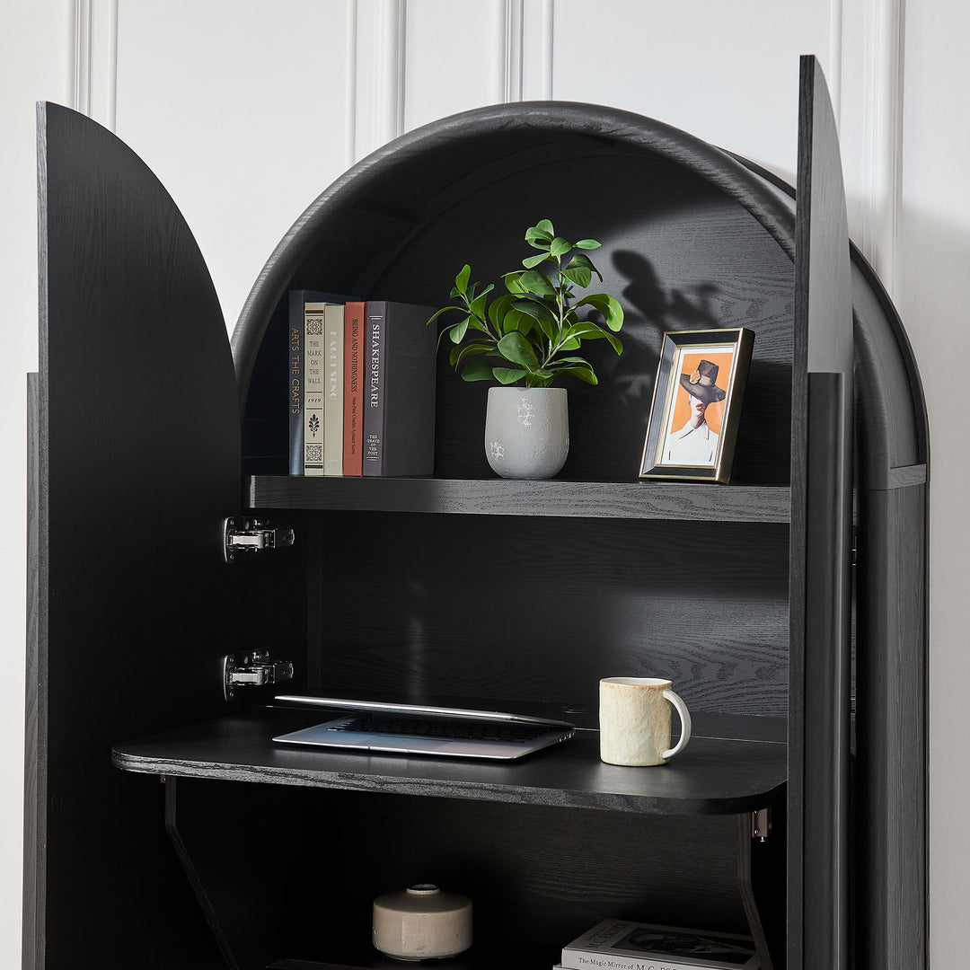 Bellamy Arched Fold-Out Desk Cabinet in Black Oak
