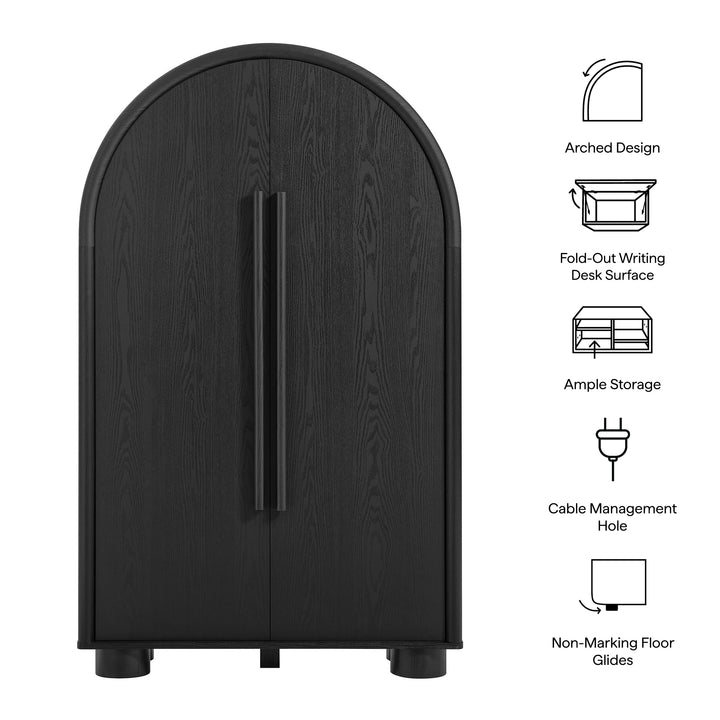 Bellamy Arched Fold-Out Desk Cabinet in Black Oak