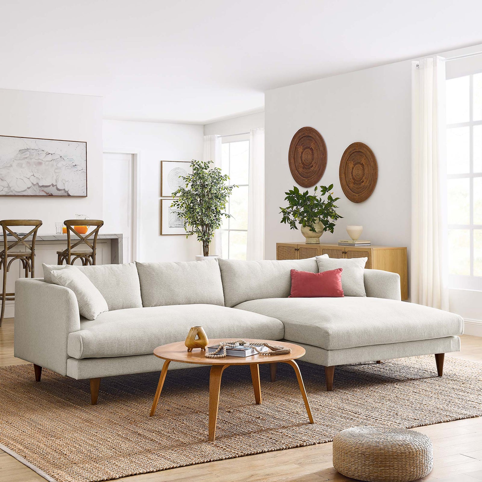 Zoya Right-Facing Down Filled Overstuffed Sectional Sofa in Heathered Weave Ivory