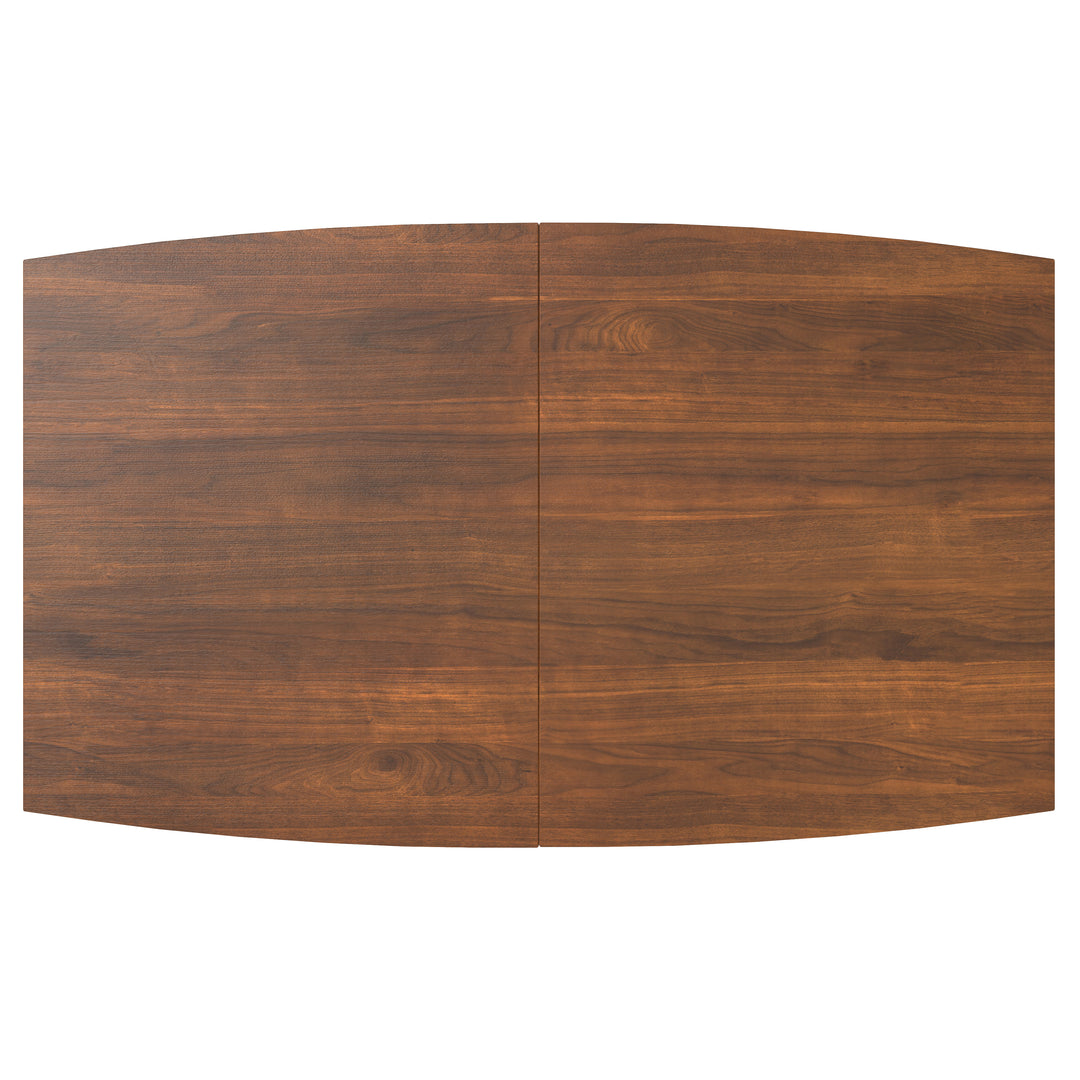 Elegant mid-century dining table in walnut veneer with hidden butterfly leaf.
