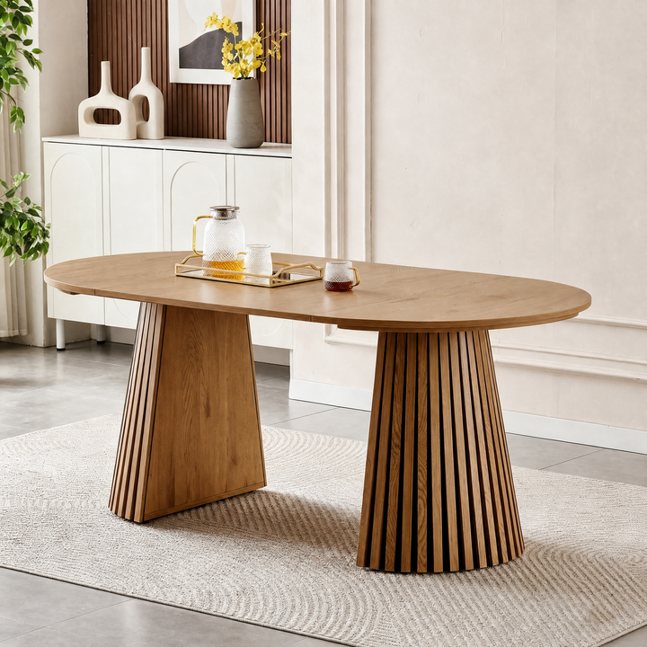 Extendable oval dining table, 39.37"–70.87", natural wood finish, seats up to 6."