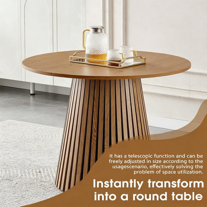 Extendable oval dining table, natural wood finish, seats up to 6.