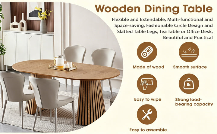 Extendable oval dining table, natural wood finish, seats up to 6.