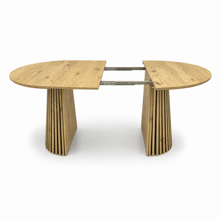 Extendable oval dining table, natural wood finish, seats up to 6.-1