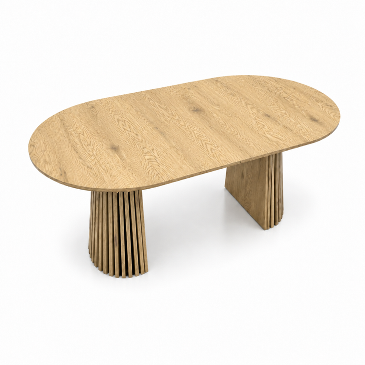Extendable oval dining table, natural wood finish, seats up to 6.