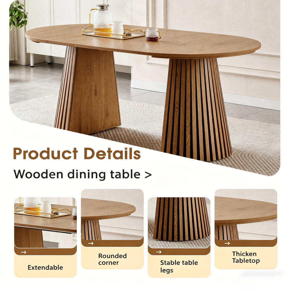 Extendable oval dining table, natural wood finish, seats up to 6.