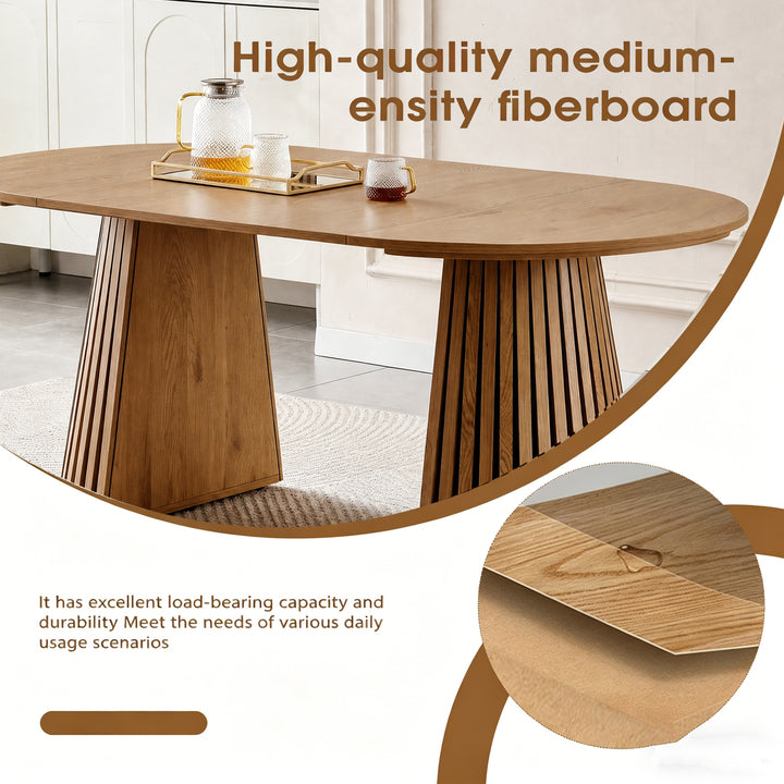 Extendable oval dining table, natural wood finish, seats up to 6.