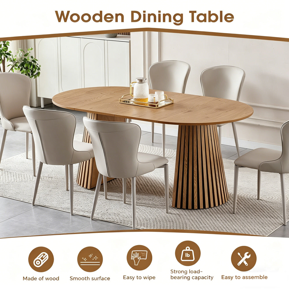 Extendable oval dining table, natural wood finish, seats up to 6.