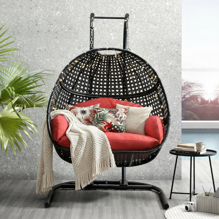Hanging Double-Seat Swing Chair with Black Wicker &amp; Red Cushion