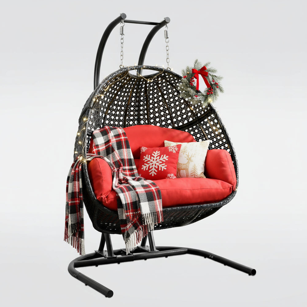 Hanging Double-Seat Swing Chair with Black Wicker & Red Cushion