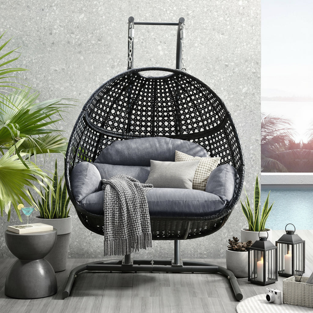 Hanging double-seat swing chair with black wicker and gray cushions