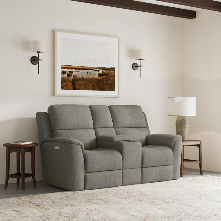 Henry Fog Fabric Power Reclining Loveseat with Console &amp; Power Headrests &amp; Lumbar