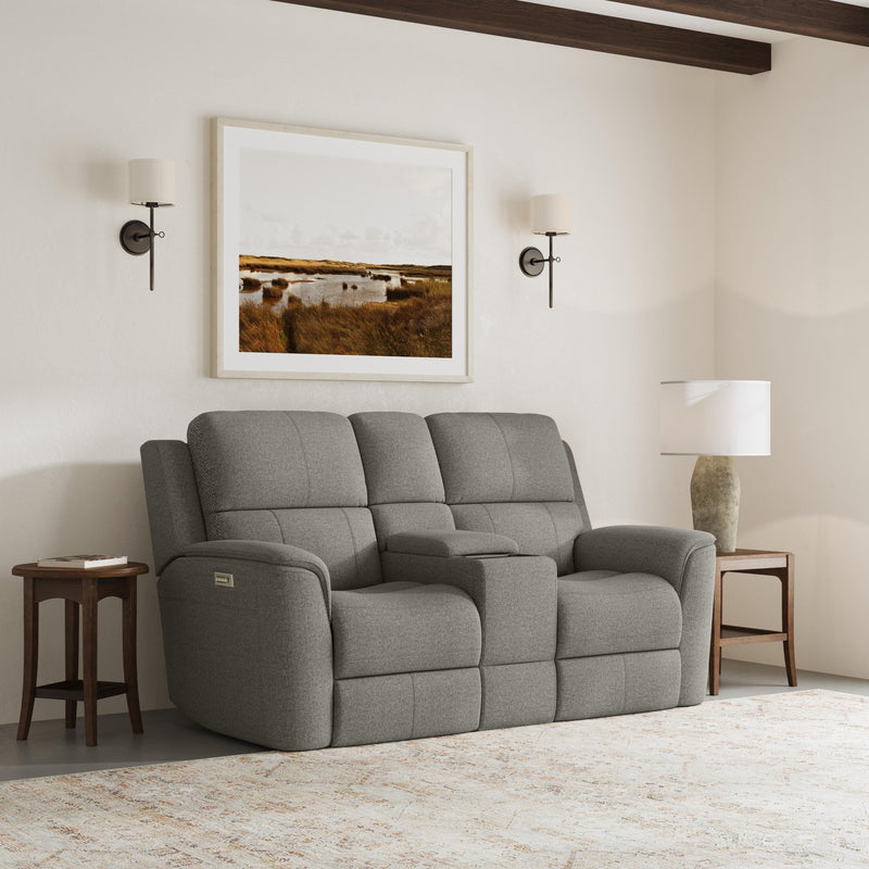 Henry Fabric Power Reclining Loveseat with Console & Power Headrests & Lumbar in Fog