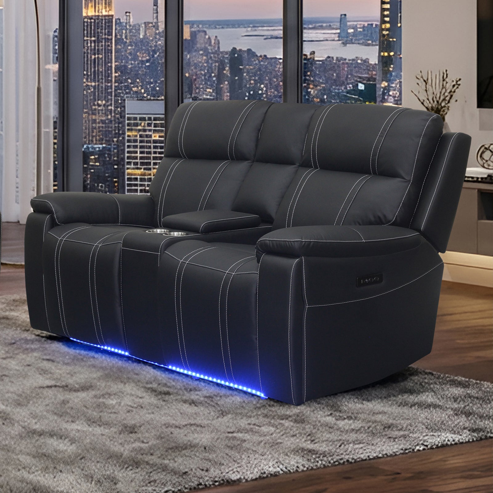 Hartley Reclining Leather Console Loveseat W/pwr Hr & Fr-Blac