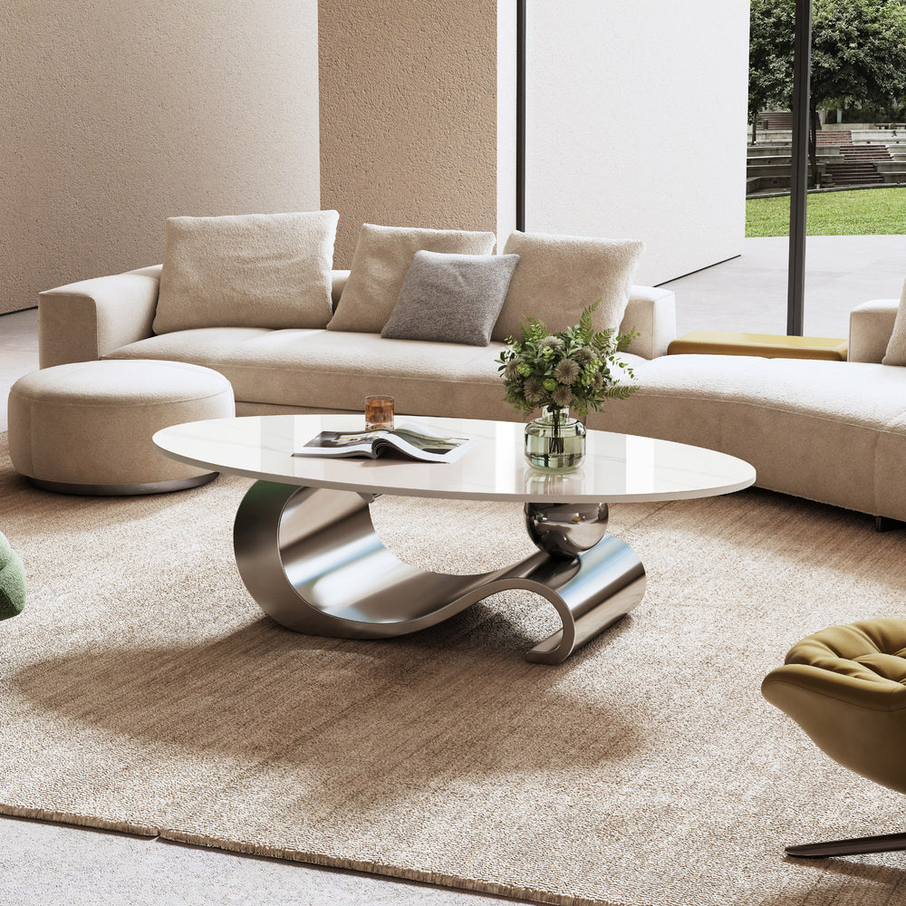 Marble Oval Coffee Table with Gray Stainless Steel Base7