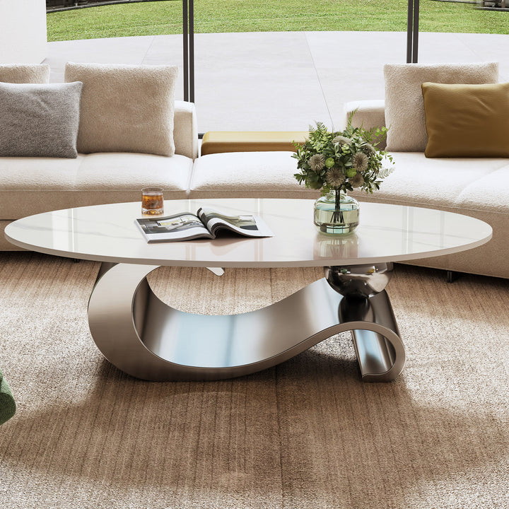 Marble Oval Coffee Table with Gray Stainless Steel Base4