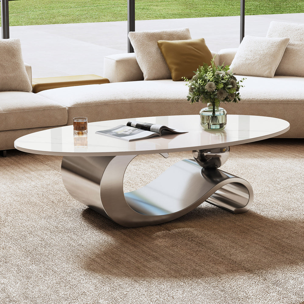 Marble Oval Coffee Table with Gray Stainless Steel Base