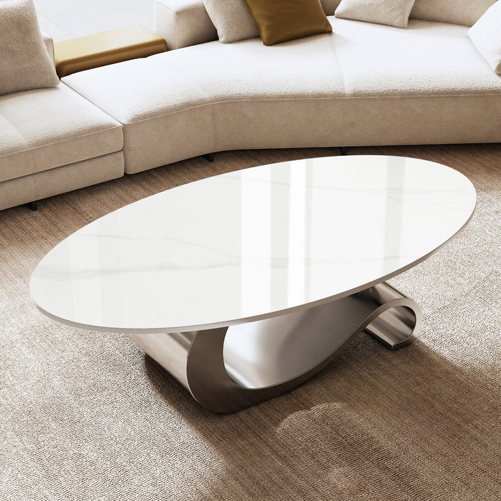 Marble Oval Coffee Table with Gray Stainless Steel Base-6