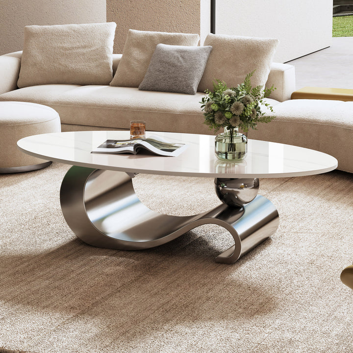 Marble Oval Coffee Table with Gray Stainless Steel Base