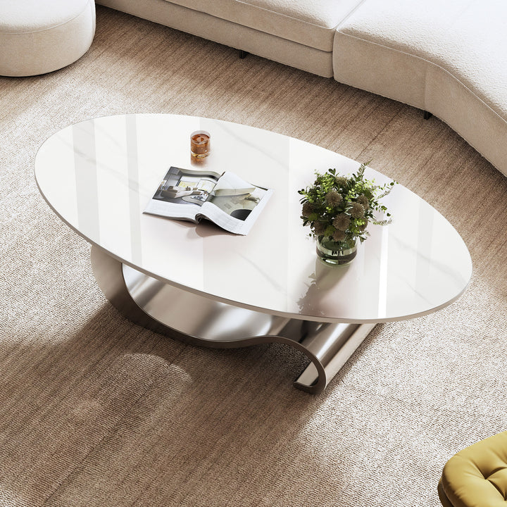 Marble Oval Coffee Table with Gray Stainless Steel Base9