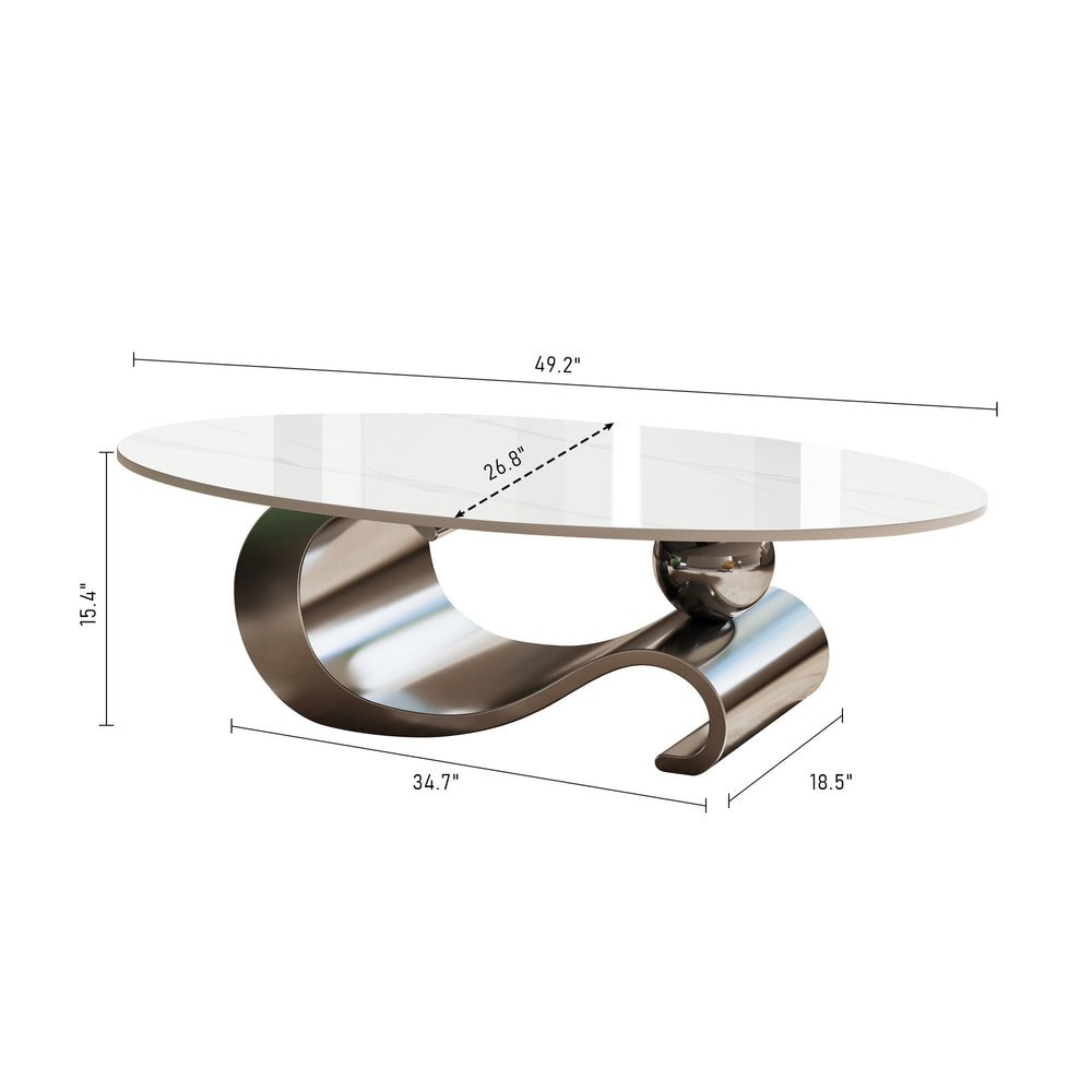 Marble Oval Coffee Table with Gray Stainless Steel Base1